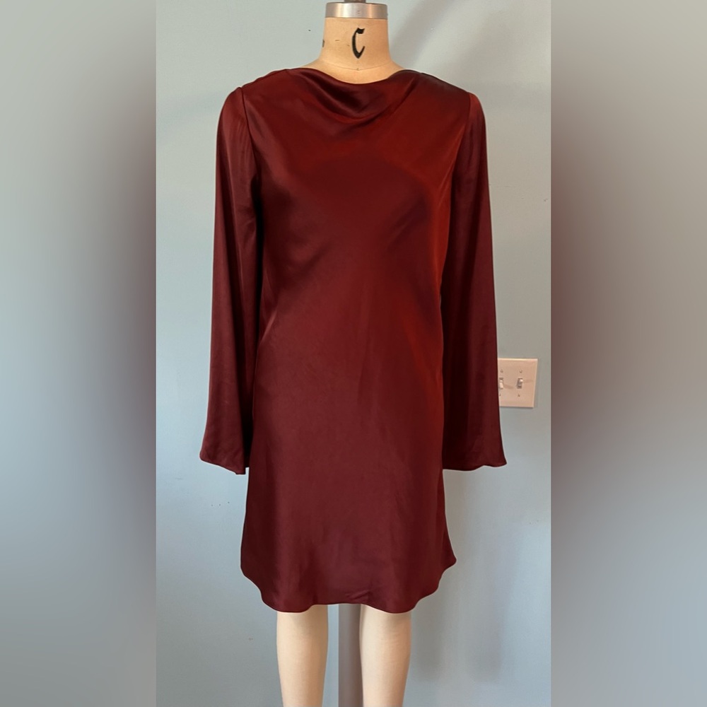 NWOT Madewell Elegant Long Sleeve Burgundy Cowl Neck Satin Mini Dress Medium